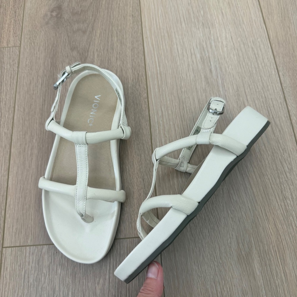 Vionic Adley Cream Leather Platform T-Strap Slingback Sandals Womens 6.5
